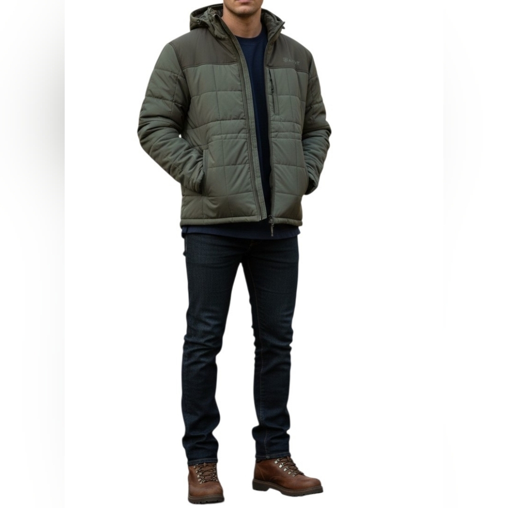 Men's Ariat Olive Hooded Puffer Jacket - Insulated Winter Coat XL